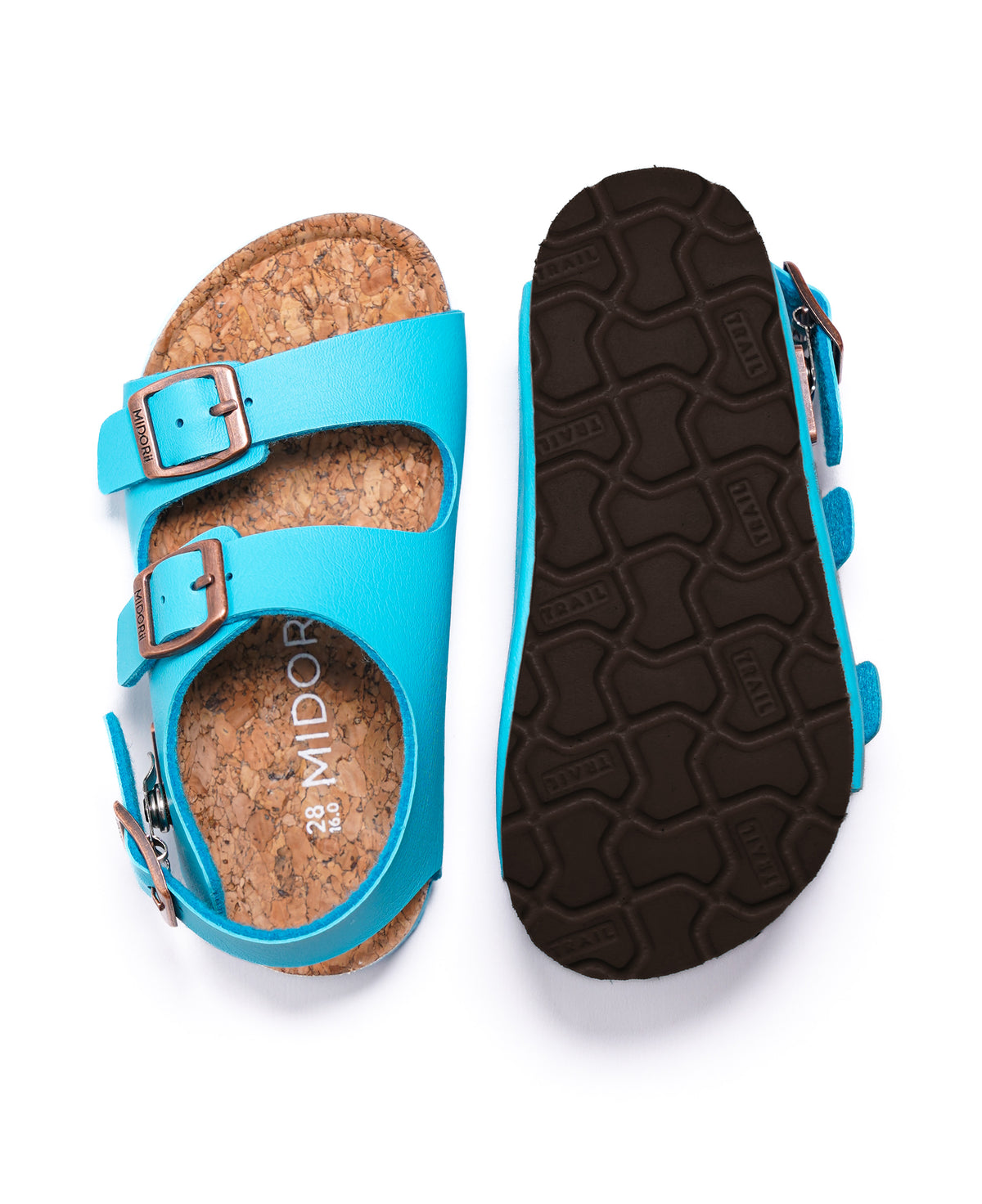 A pair of turquoise blue cork sandals shown from the top and side, with one sandal displaying the cork footbed and buckle details and the other showing the black textured sole.