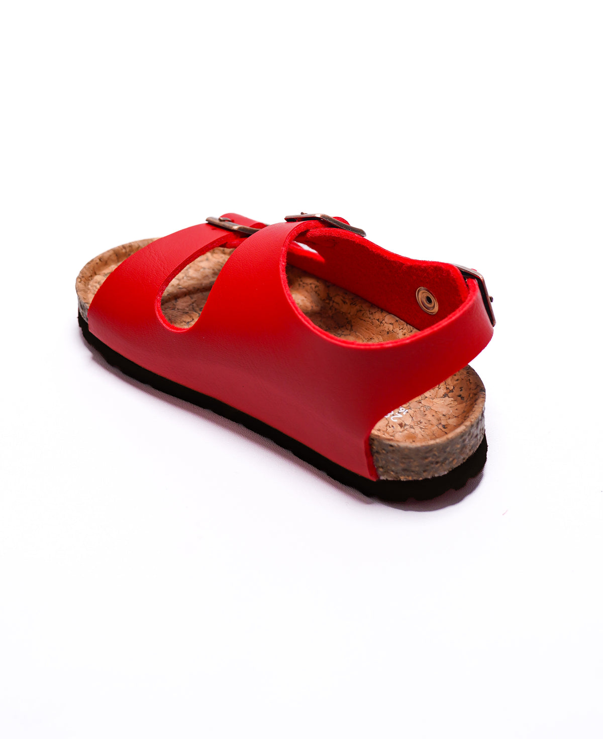 A bright red leather sandal with double straps and a cork-look footbed, shown from a three-quarters angle on a white background.