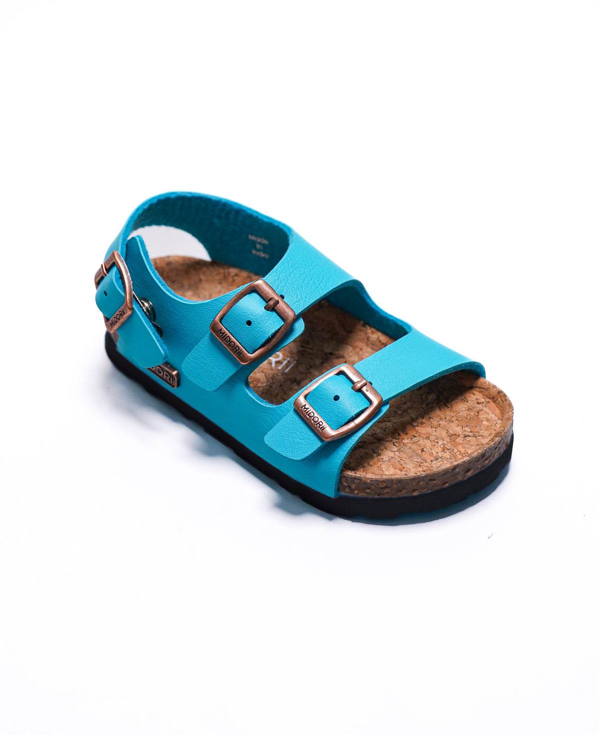 A single turquoise blue leather sandal with two adjustable straps and bronze-tone buckles, featuring a cork footbed and black outsole, shown on a white background.