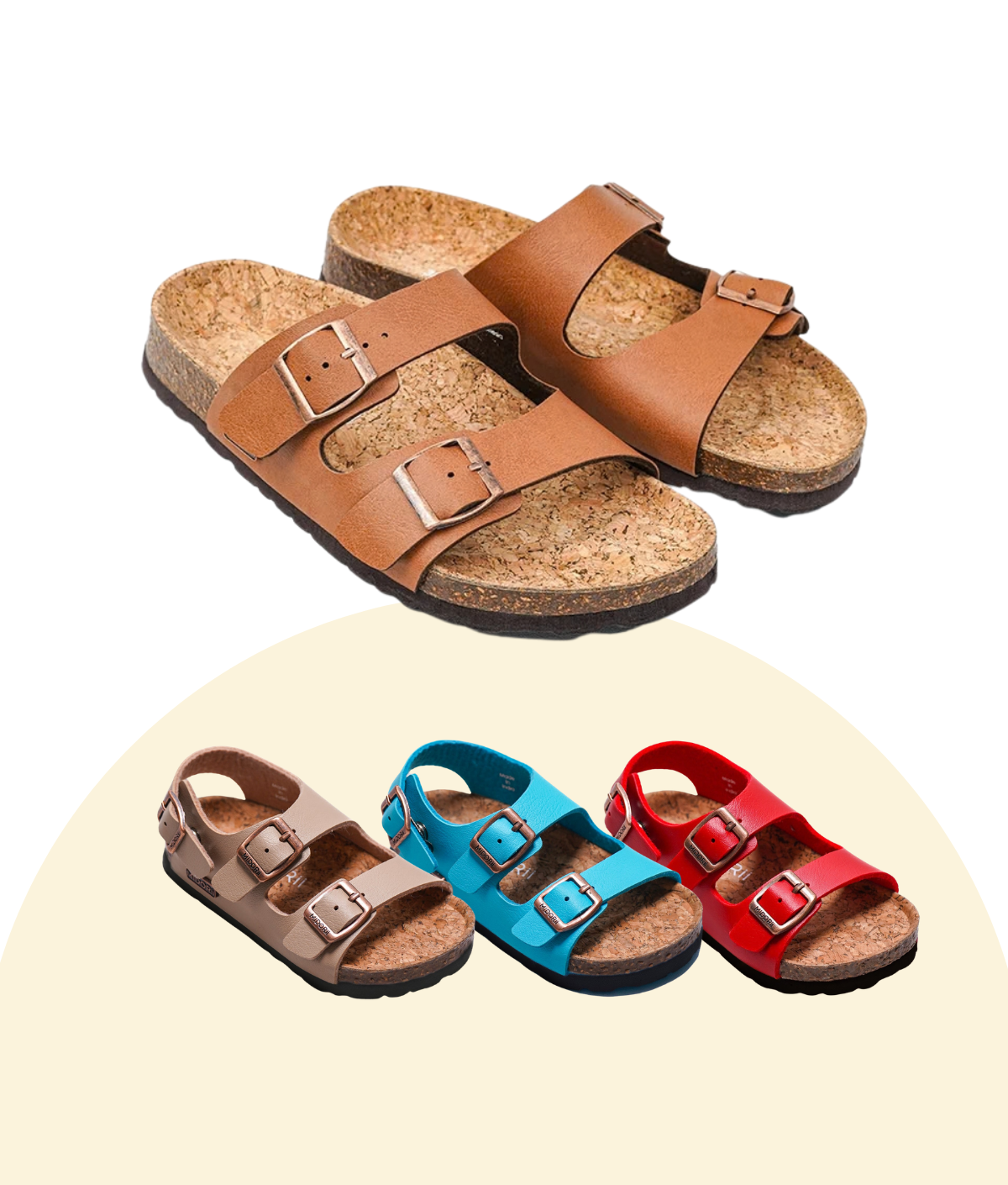 Three pairs of double-strap cork sandals shown on a clean white background: one tan/brown pair at the top, and two smaller pairs below in taupe, bright blue, and red. The sandals have adjustable wide straps with metal buckles and thick cork footbeds.