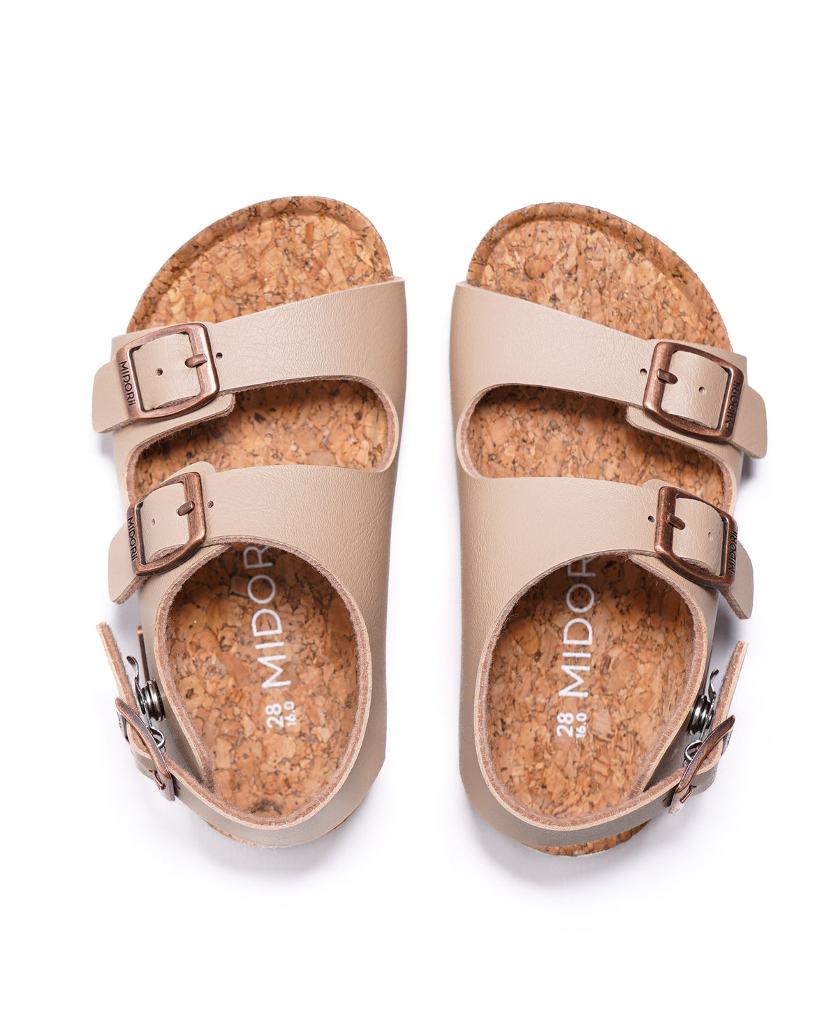 A pair of MIDOR double-strap sandals in beige faux leather with cork footbeds and bronze-toned buckles, shown from a top-down view on a white background.