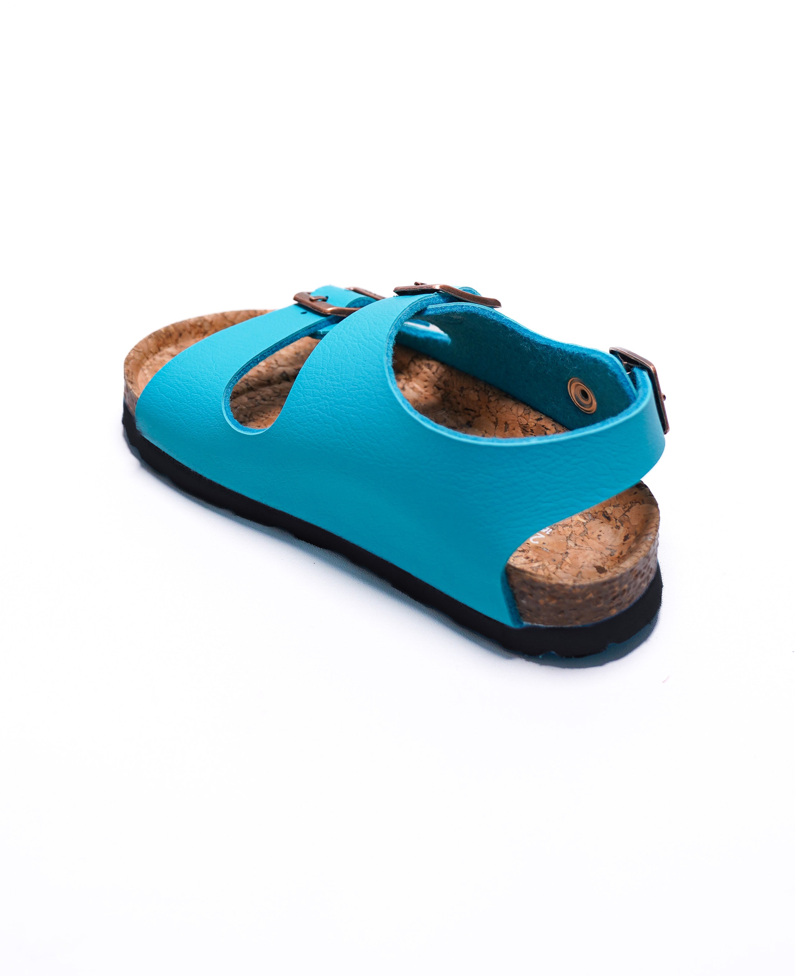 A turquoise blue leather double-strap sandal with adjustable buckles, a cork footbed, and a black outsole, shown from a side angle on a white background.