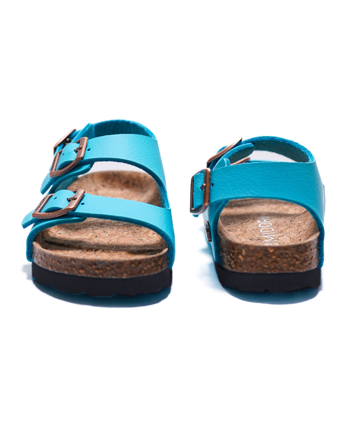 A pair of turquoise blue double-strap sandals with brown cork-look footbeds and dark soles, shown from a top-down view on a white background.