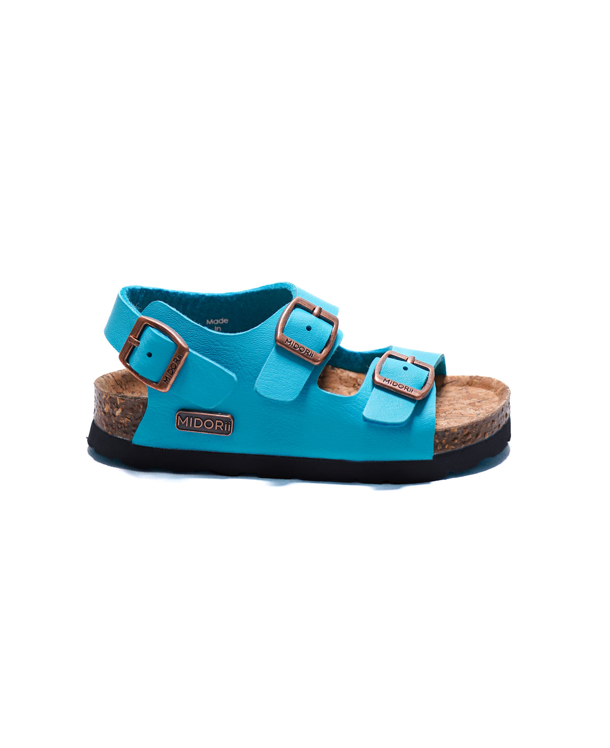 A turquoise blue leather sandal with three adjustable straps and rose gold-tone buckles, featuring a cork midsole and a black outsole. The brand name 'MIDORI' is visible on the side of the midsole.