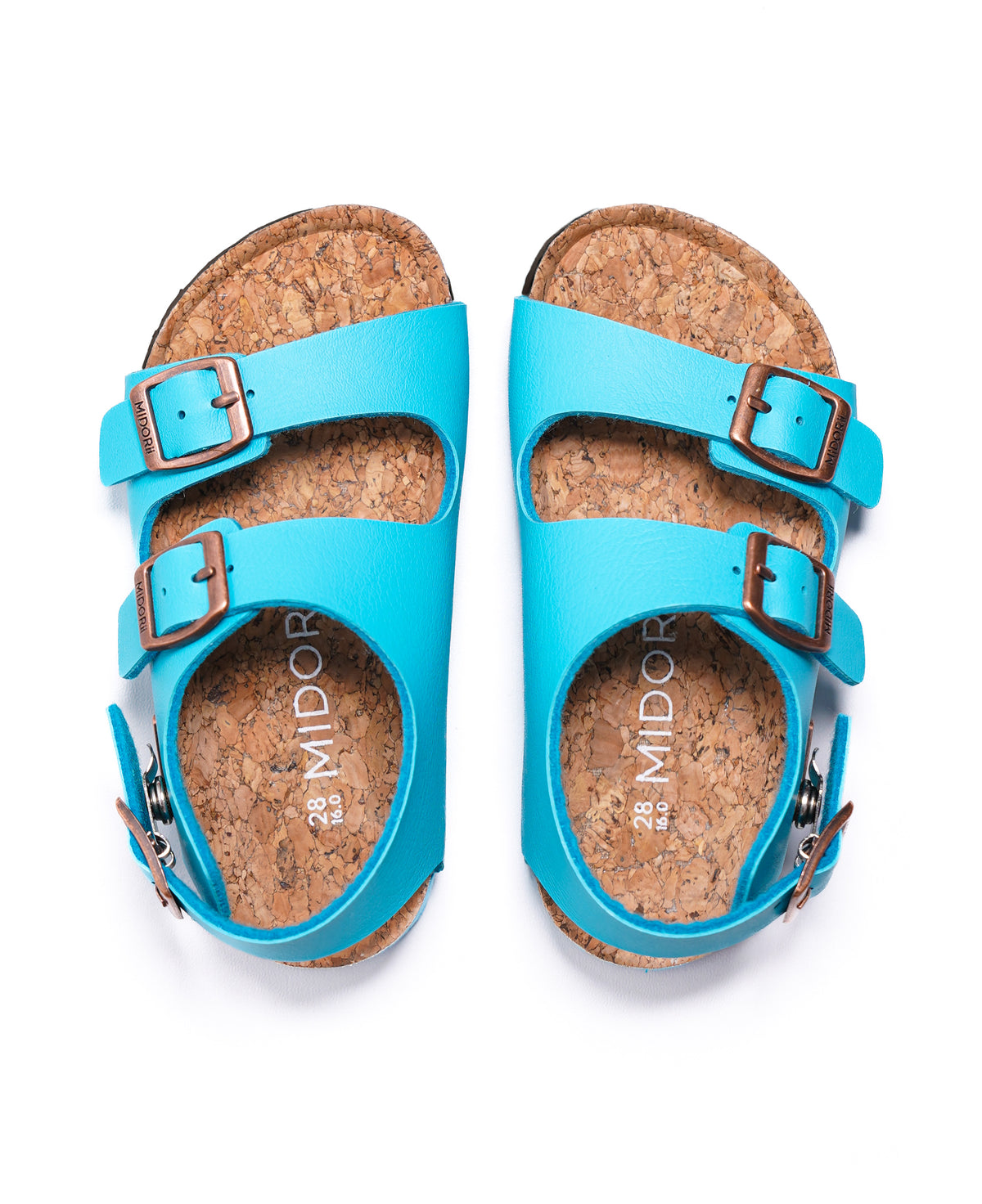 A pair of children's double-strap sandals in bright turquoise blue, featuring cork footbeds and bronze-toned metal buckles, photographed from a top-down view on a white background.