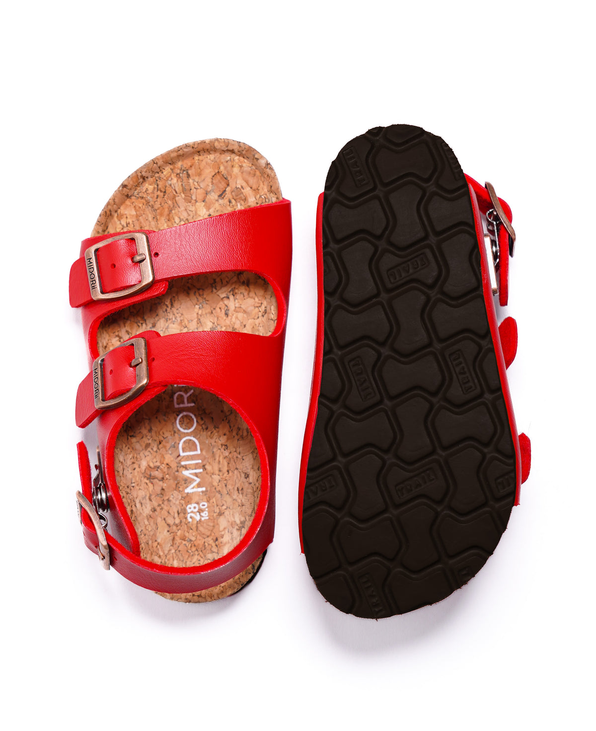 A pair of red double-strap sandals shown from top and bottom views on a white background. The sandals feature a cork footbed, adjustable red straps with silver-tone metal buckles, and a black textured outsole.