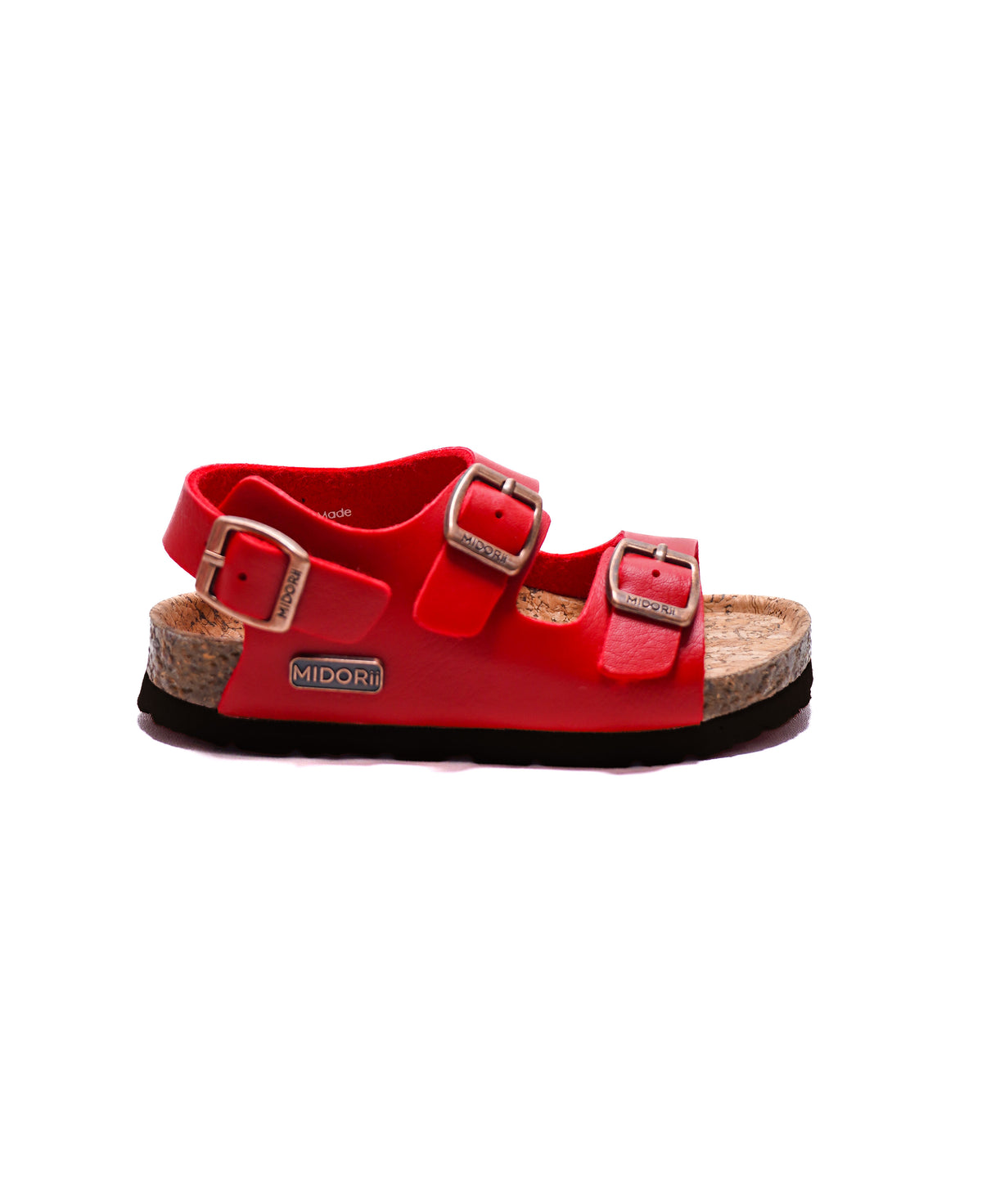 A red double-strap sandal with silver buckle closures, a cork-textured midsole, and a black outsole, shown from a side profile on a white background.